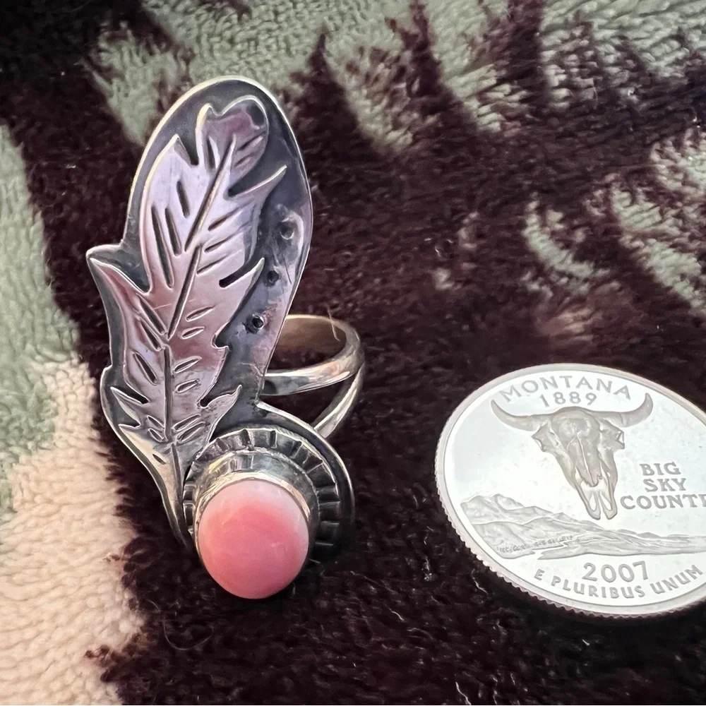 ❤️ Queen Pink Conch Feather Statement Ring 925 Sz 8.5 Southwest Native Influence